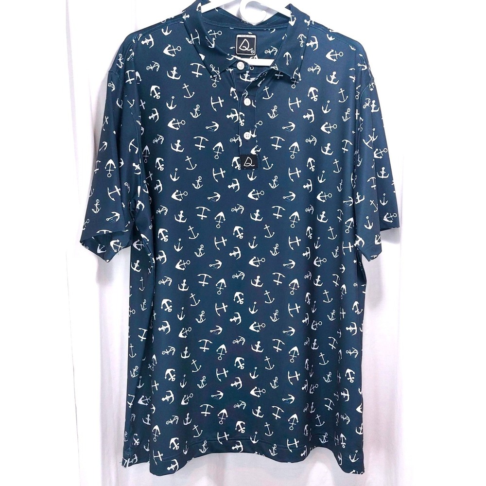 Deolax Shirt Mens 2XL Blue Polo Performance Golf Stretch All Over Print‎ Anchors